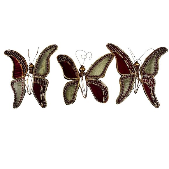 Vintage Handcrafted Fabric & Wire Decorative Butterflies Set of Three Hanging - Picture 5 of 10